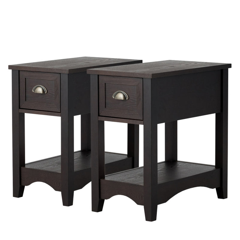 2 Pieces Contemporary End Table Set with Drawer and Open Shelf