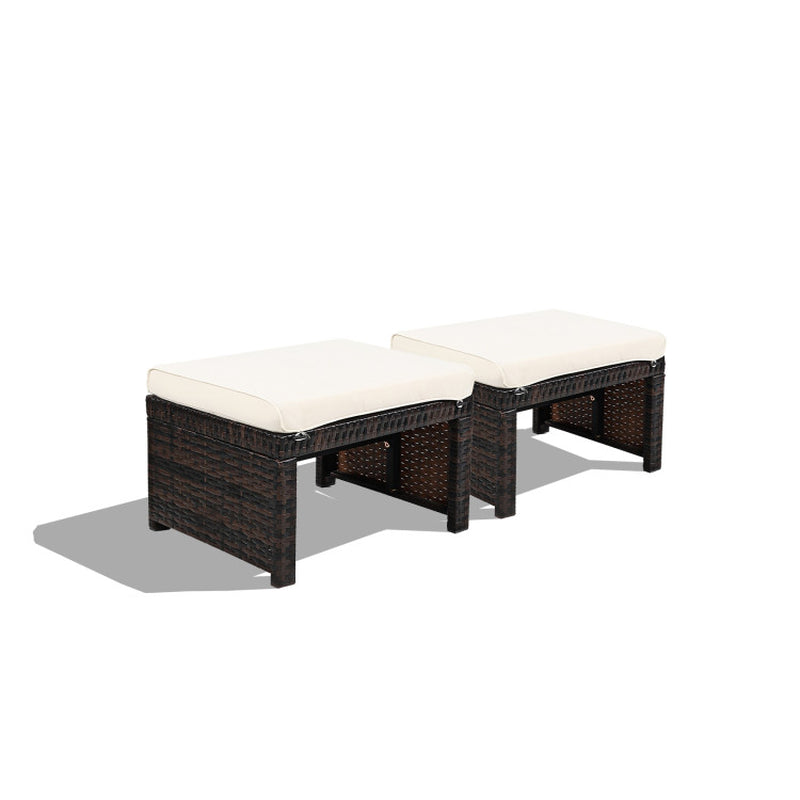 2 Pieces Patio Rattan Ottomans with Soft Cushion for Patio and Garden