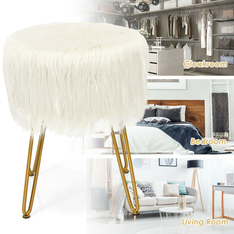 Faux Fur Vanity Stool Chair with Metal Legs for Bedroom and Living Room