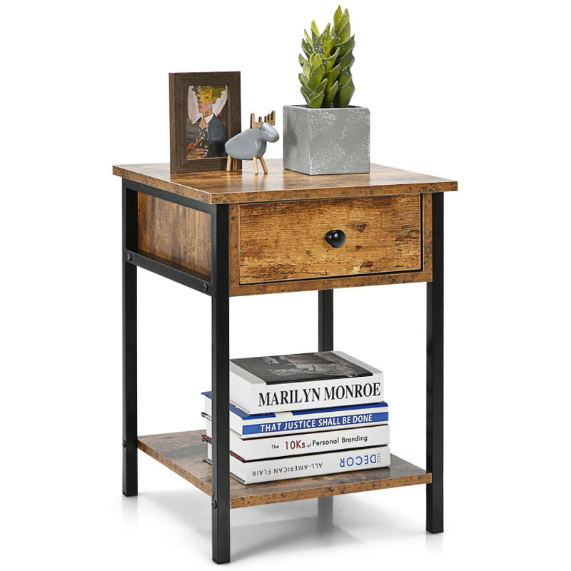 Industrial Nightstand with Drawer and Shelf for Living Room and Bedroom