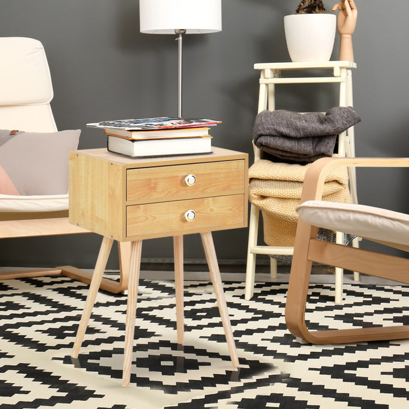 Mid Century Modern 2 Drawers Nightstand in Natural