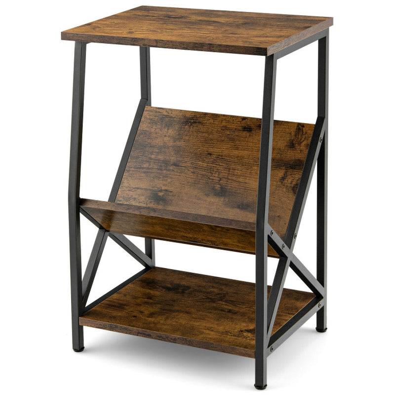 3-Tier Industrial Side Table with V-Shaped Bookshelf for Living Room