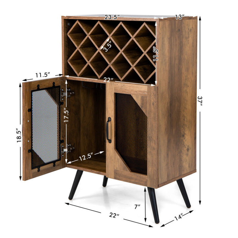 2-Door Farmhouse Kitchen Storage Bar Cabinet with Wine Rack and Glass Holder