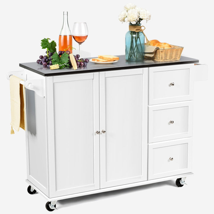 Kitchen Island 2-Door Storage Cabinet with Drawers and Stainless Steel Top