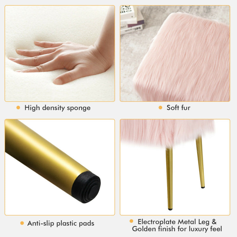 Upholstered Faux Fur Vanity Stool with Golden Legs for Makeup Room