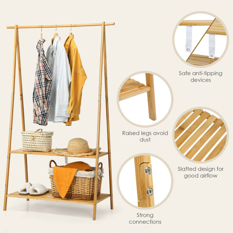 Bamboo Clothes Hanging Rack with 2-Tier Storage Shelf for Entryway Bedroom