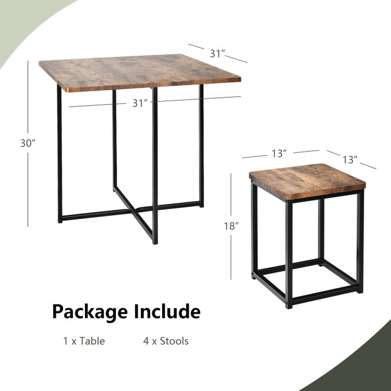 5 Pieces Metal Frame Dining Set with Compact Dining Table and 4 Stools