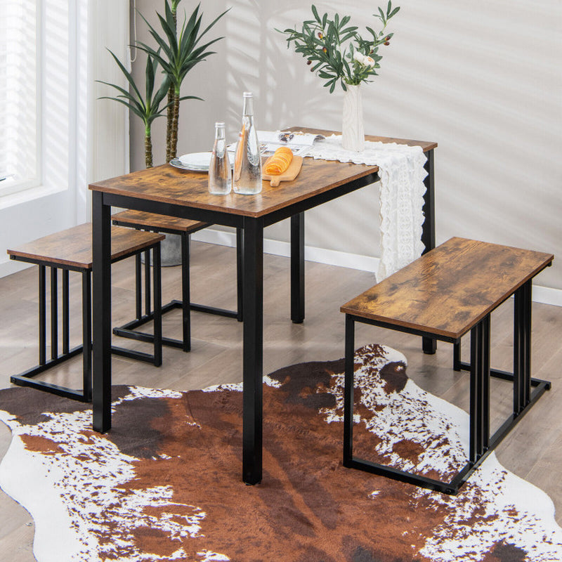 4 Pieces Industrial Dining Table Set with Bench and 2 Stools