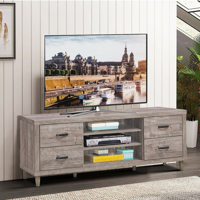 Retro Wooden TV Stand with 3 Open Shelves and 4 Drawers