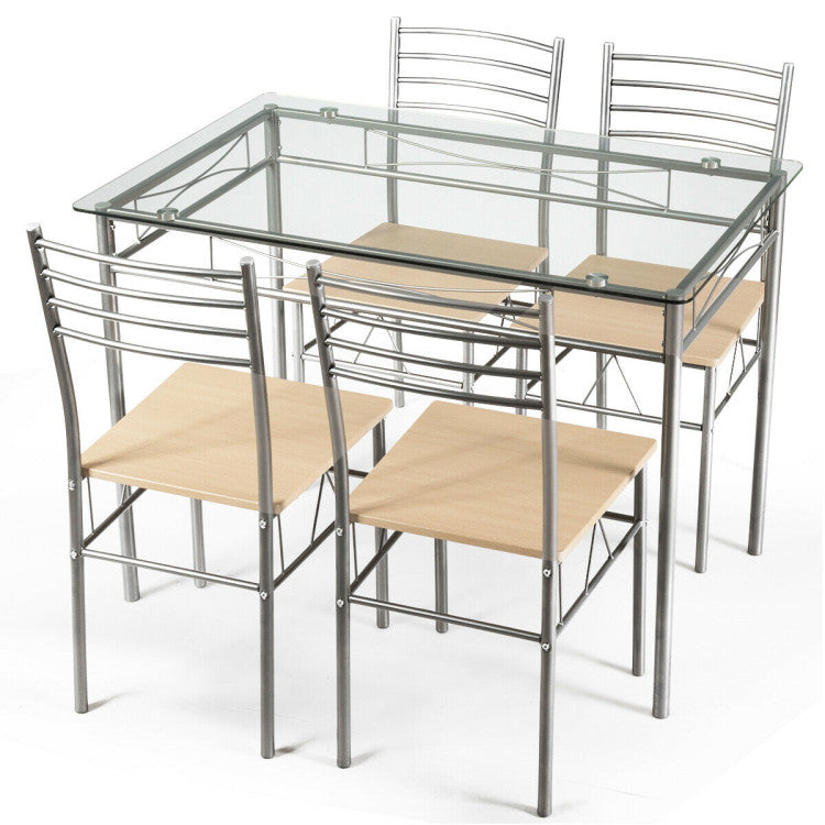 5 Pieces Dining Set Glass Table and 4 Chairs