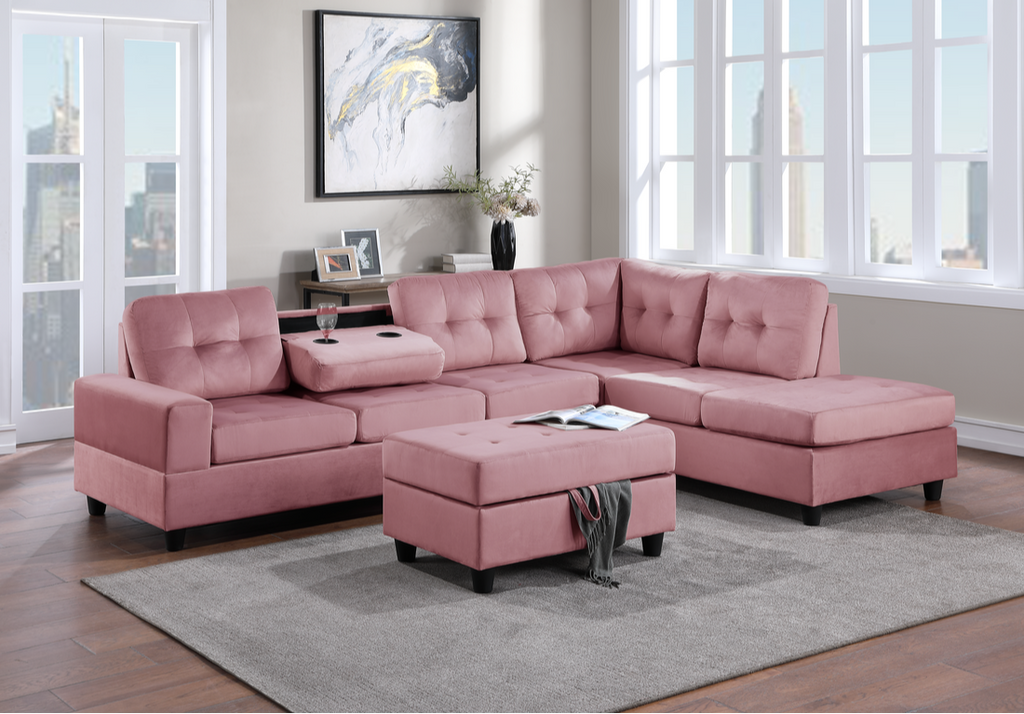 Heights Velvet Reversible Sectional with Storage Ottoman - StafforaFurniture