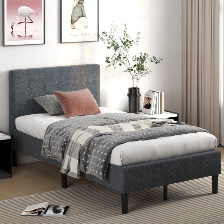 Twin Size Upholstered Platform Bed Frame with Button Tufted Headboard