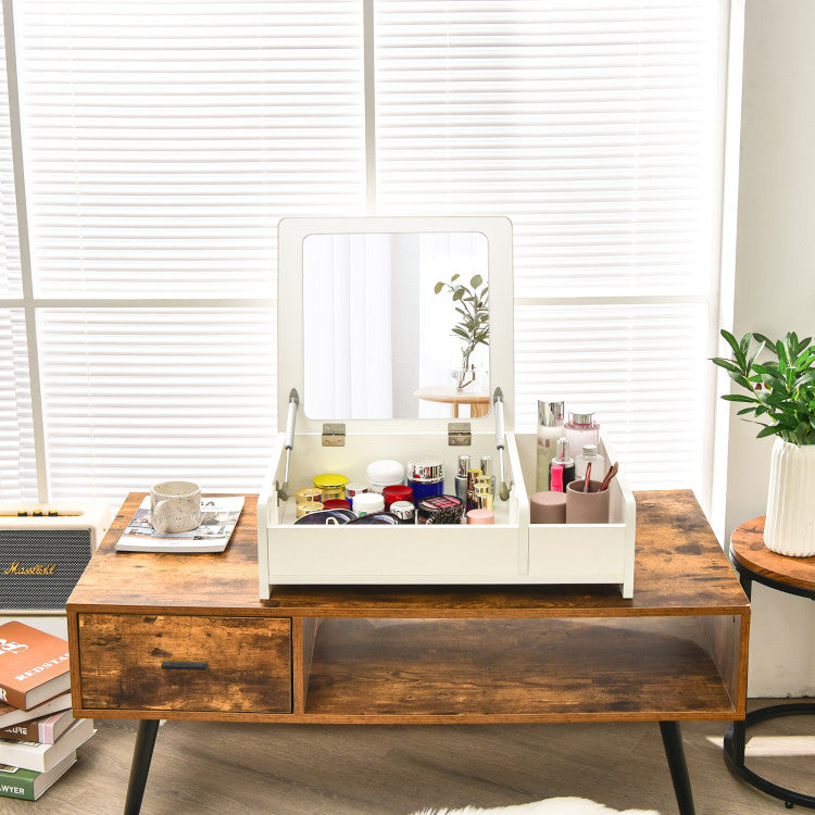 Compact Bay Window Makeup Dressing Table with Flip-Top Mirror