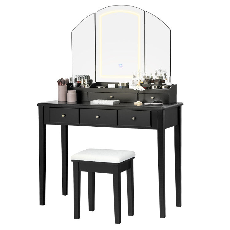 Vanity Table Stool Set with Large Tri-Folding Lighted Mirror