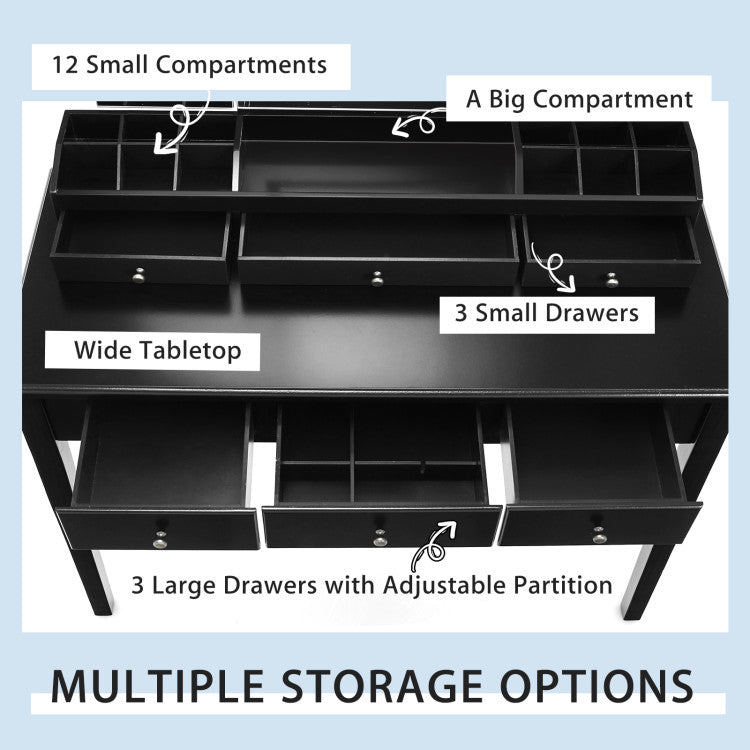 Vanity Table Stool Set with Large Tri-Folding Lighted Mirror