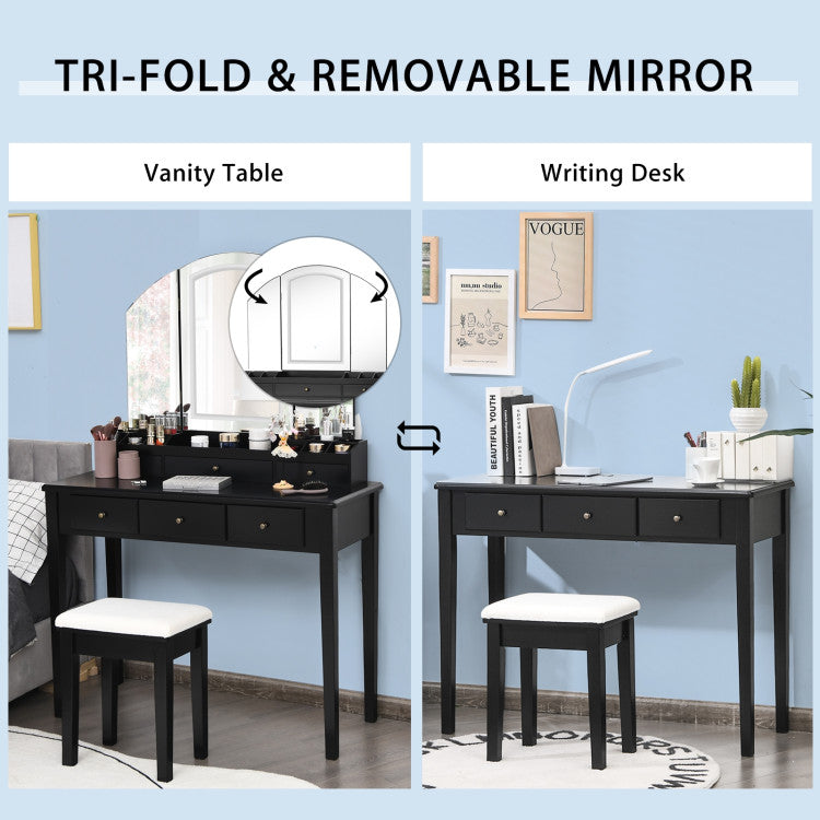 Vanity Table Stool Set with Large Tri-Folding Lighted Mirror