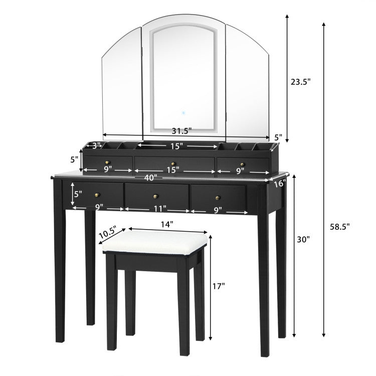 Vanity Table Stool Set with Large Tri-Folding Lighted Mirror