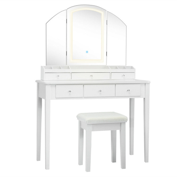 Vanity Table Stool Set with Large Tri-Folding Lighted Mirror