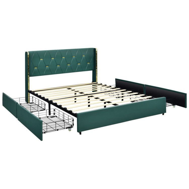 Full/Queen Size PU Leather Upholstered Bed Frame with 4 Drawers