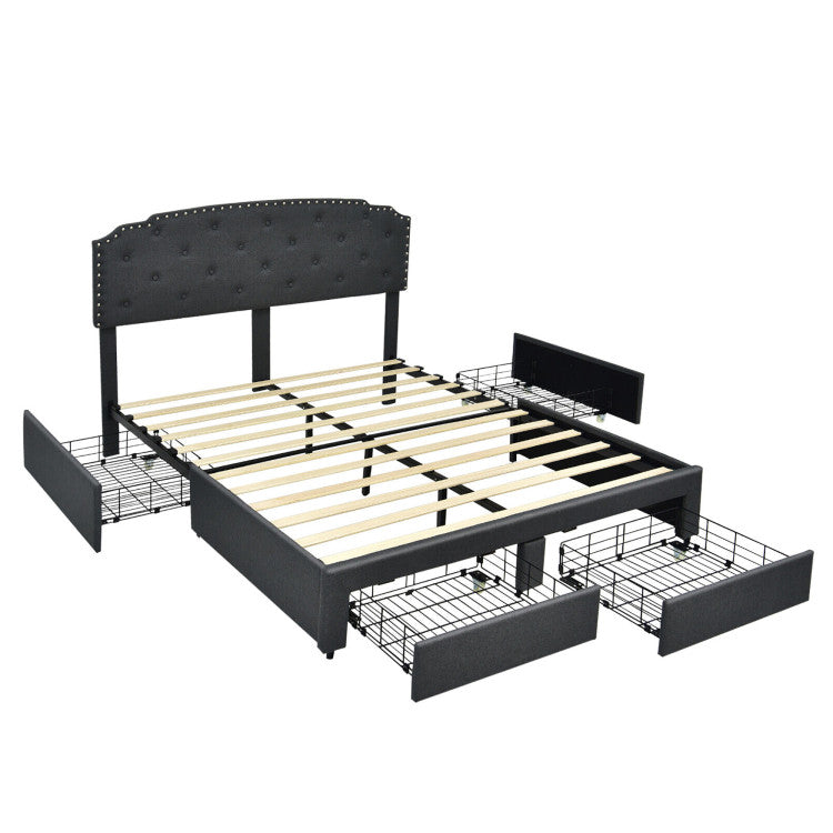 Upholstered Bed Frame with 4 Storage Drawers and Adjustable Button-Tufte