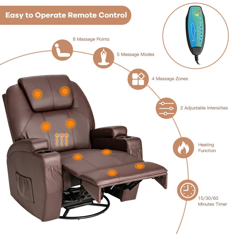 360-Degree Swivel Massage Recliner Chair with Remote Control for Home