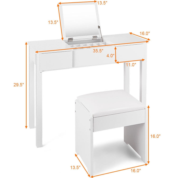 Vanity Makeup Dressing Table Set with Flip Top Mirror and Cushioned Stool