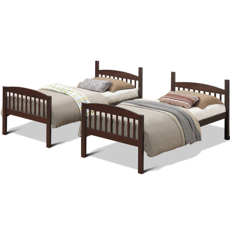 Hardwood Twin Bunk Beds with Inclined Ladder and Safety Guardrails