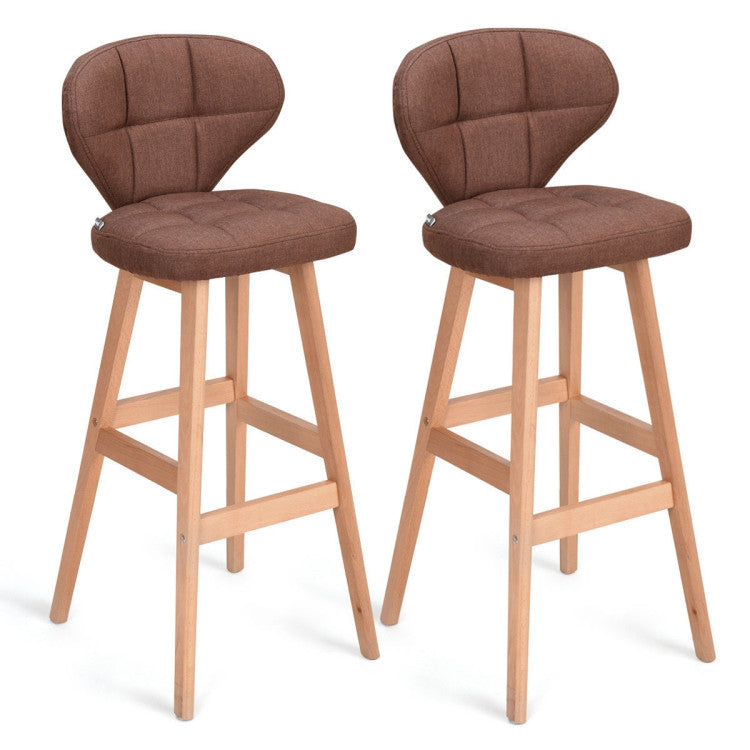 Set of 2 Brown Bar Stools Pub Chair Fabric