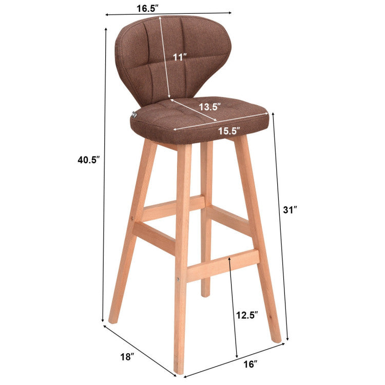 Set of 2 Brown Bar Stools Pub Chair Fabric