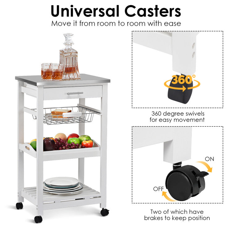 Kitchen Island Cart with Stainless Steel Tabletop and Basket