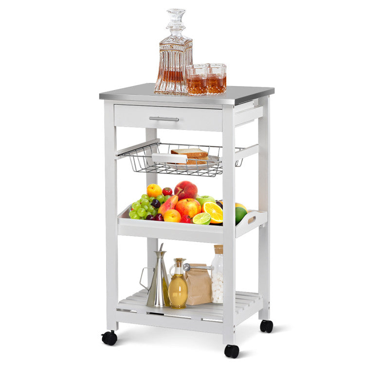 Kitchen Island Cart with Stainless Steel Tabletop and Basket