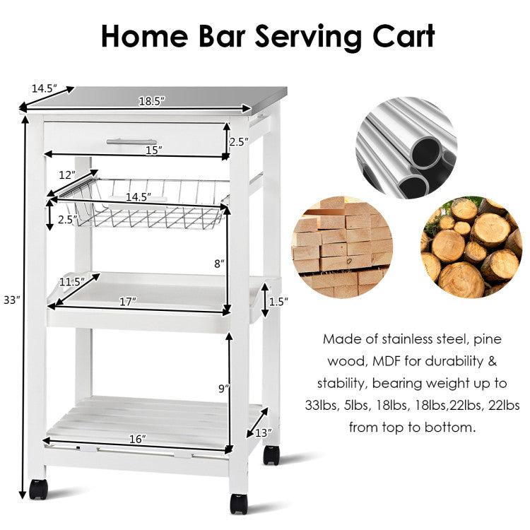 Kitchen Island Cart with Stainless Steel Tabletop and Basket