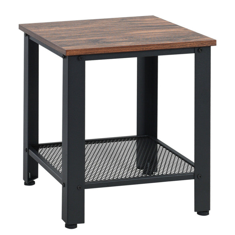 2-Tier Industrial End Table with Storage Shelf for Small Space