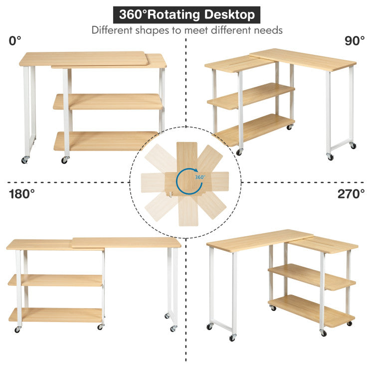 360° Free Rotating Sofa Side Table with Storage Shelves and Casters