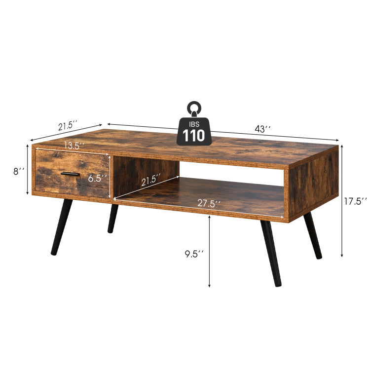 Retro Rectangular Coffee Table with Drawer and Storage Shelf