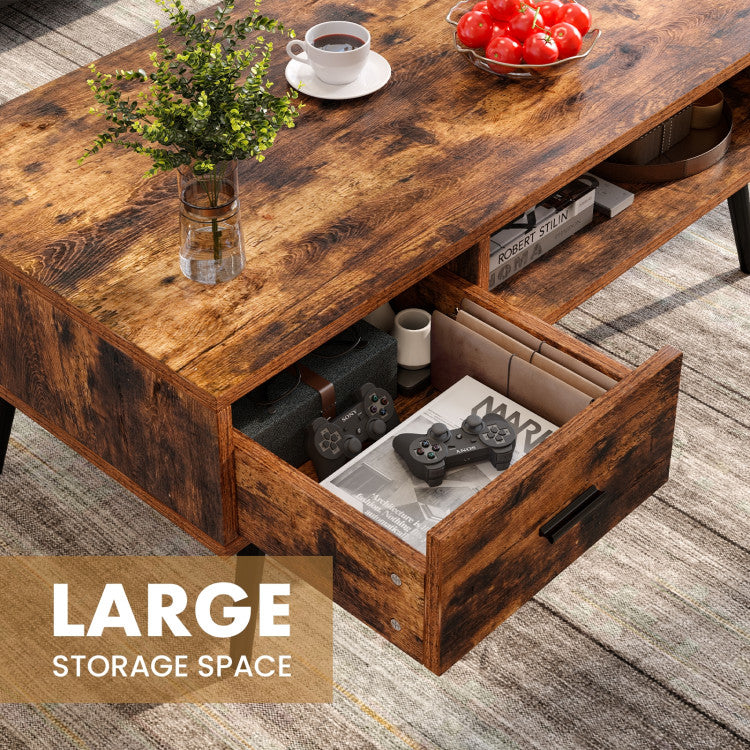 Retro Rectangular Coffee Table with Drawer and Storage Shelf