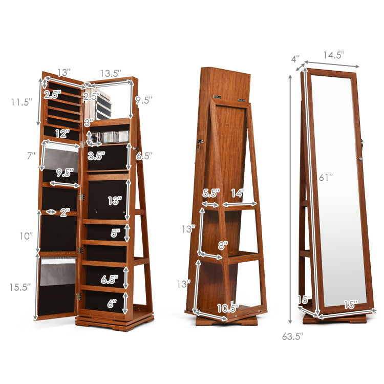 360° Rotatable 2-In-1 Lockable Jewelry Cabinet with Full-Length Mirror