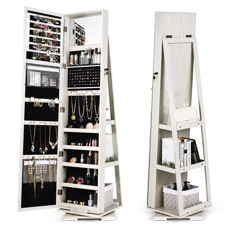 360° Rotatable 2-In-1 Lockable Jewelry Cabinet with Full-Length Mirror