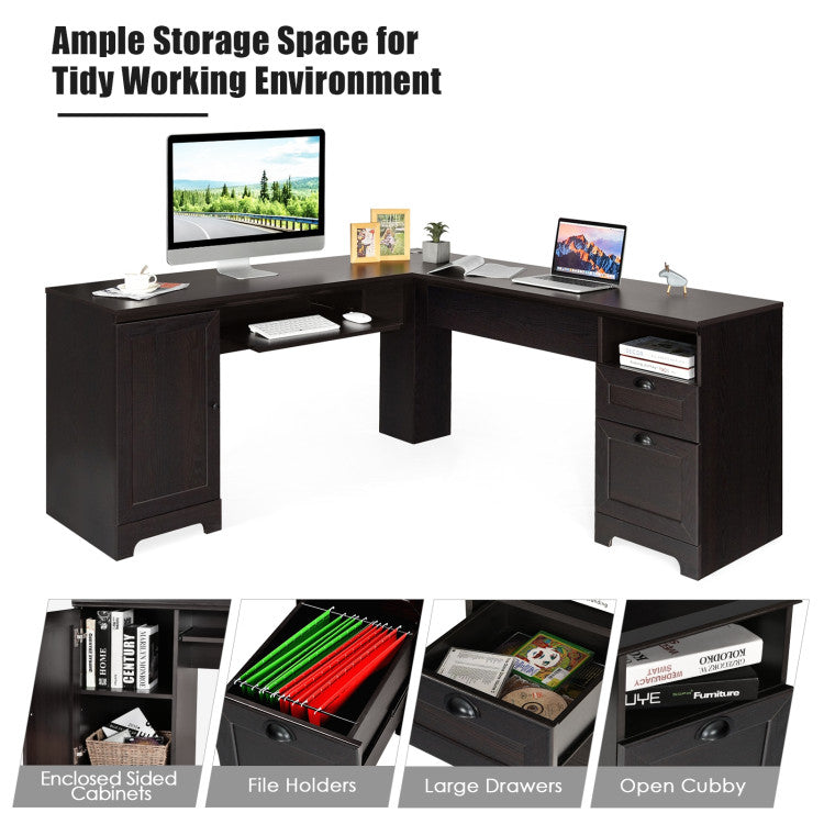 66 X 66 Inch L-Shaped Writing Study Workstation Computer Desk with Drawers