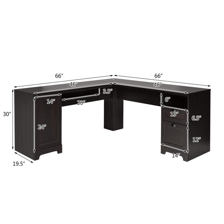 66 X 66 Inch L-Shaped Writing Study Workstation Computer Desk with Drawers