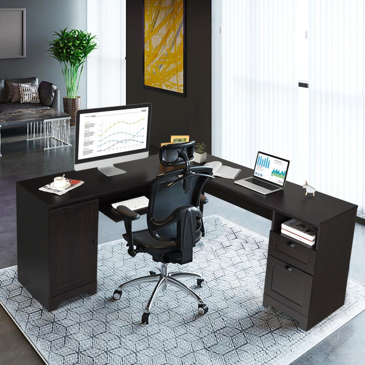 66 X 66 Inch L-Shaped Writing Study Workstation Computer Desk with Drawers