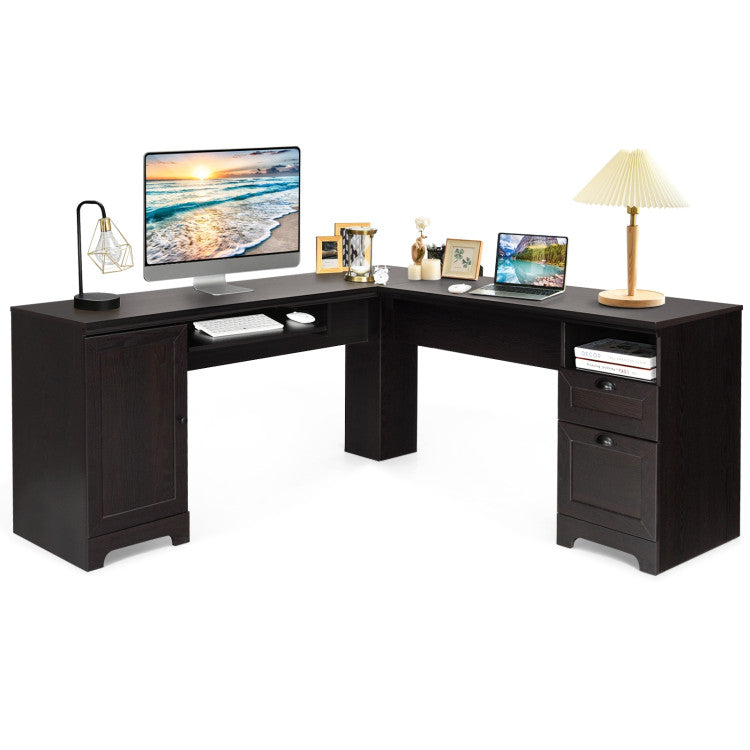 66 X 66 Inch L-Shaped Writing Study Workstation Computer Desk with Drawers