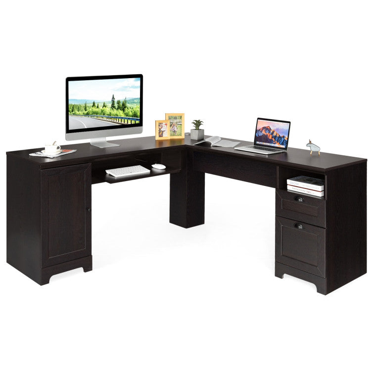 66 X 66 Inch L-Shaped Writing Study Workstation Computer Desk with Drawers