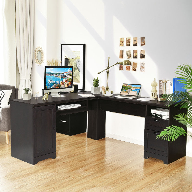 66 X 66 Inch L-Shaped Writing Study Workstation Computer Desk with Drawers