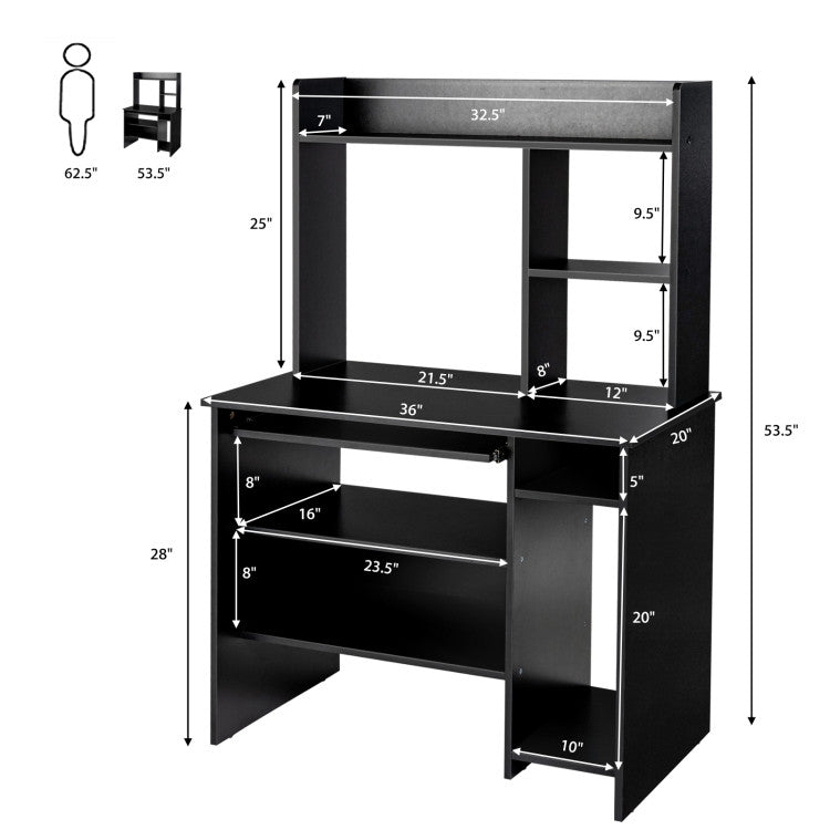 Home Office Computer Desk with Bookcase Keyboard Tray and CPU Stand