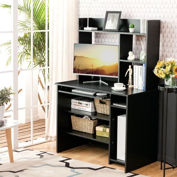 Home Office Computer Desk with Bookcase Keyboard Tray and CPU Stand