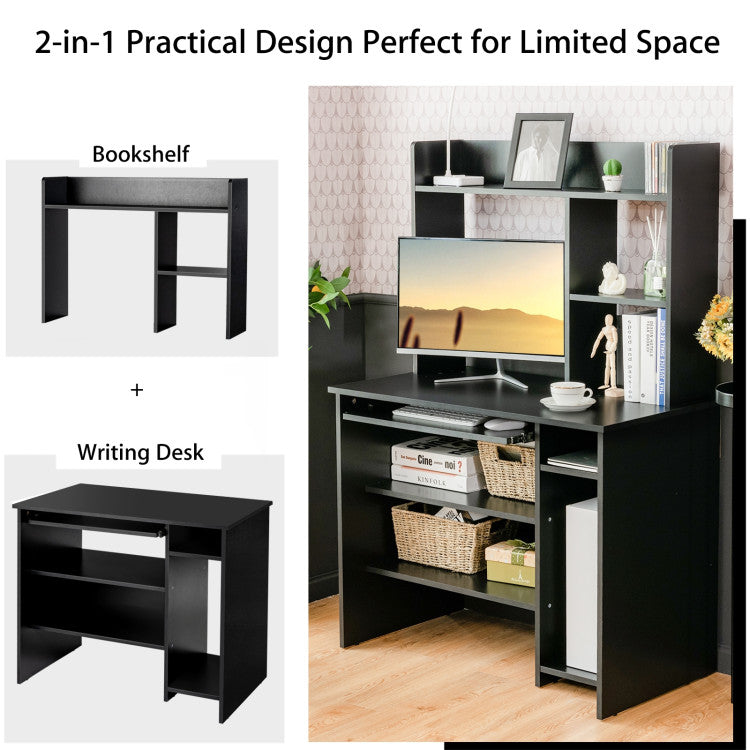 Home Office Computer Desk with Bookcase Keyboard Tray and CPU Stand