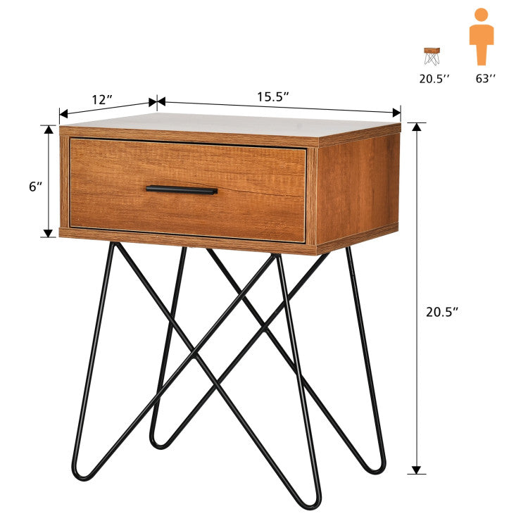 Nightstand Coffee Table Storage Display with Steel Legs and 1 Drawer