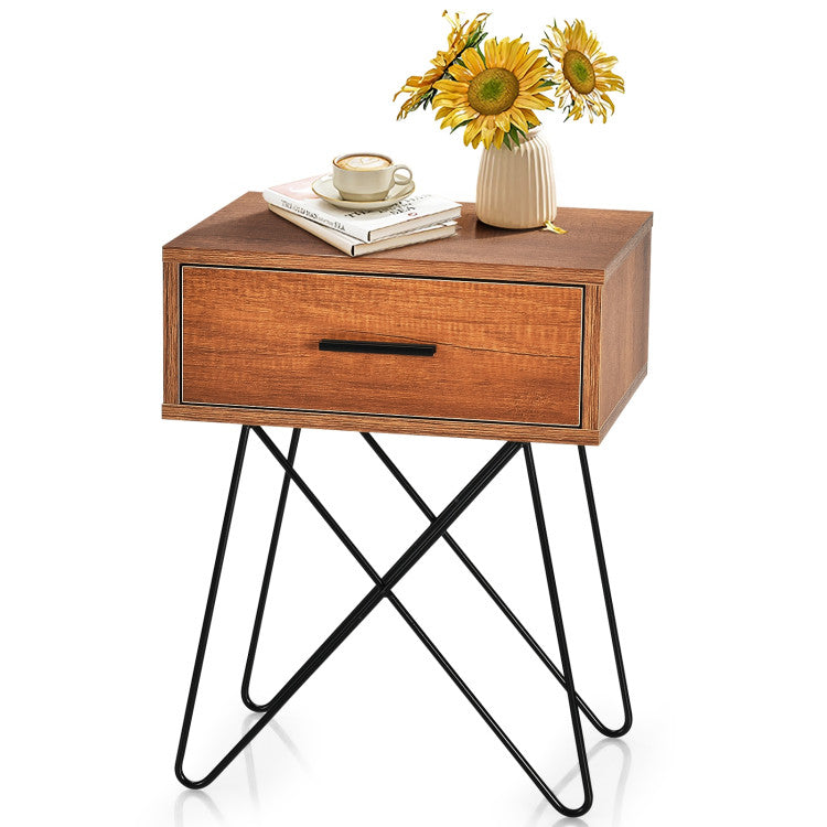 Nightstand Coffee Table Storage Display with Steel Legs and 1 Drawer