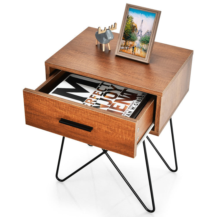 Nightstand Coffee Table Storage Display with Steel Legs and 1 Drawer